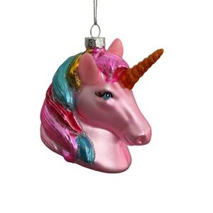 Unicorn Head Pink With Rainbow Main Glass Ornament 4" x 3" Christmas